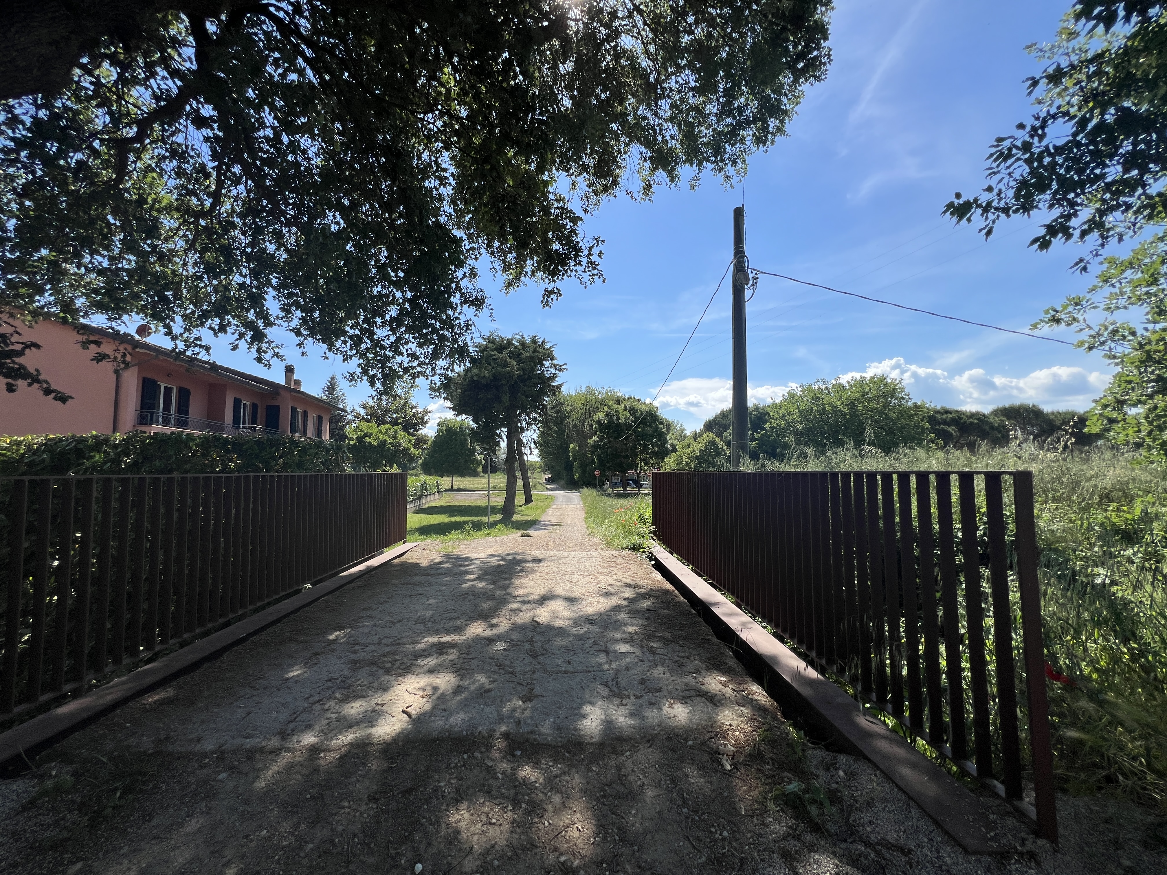 Fahrrad- und Fußgängerbrücke mit Geländer über eine Grünfläche. Verbindet den unbefestigten Radweg mit der üppigen Vegetation.